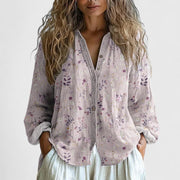 Women's Floral Print Blouses Zip Front Long Sleeve Lightweight Style