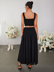 Ruched Backless Crop Top&Ruffle Flared Hem Skirt | Vacation Two-Piece Set