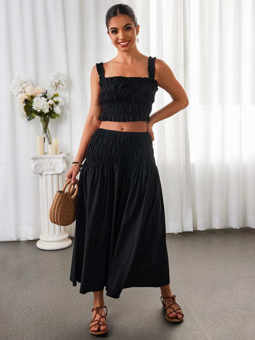 Ruched Backless Crop Top&Ruffle Flared Hem Skirt | Vacation Two-Piece Set