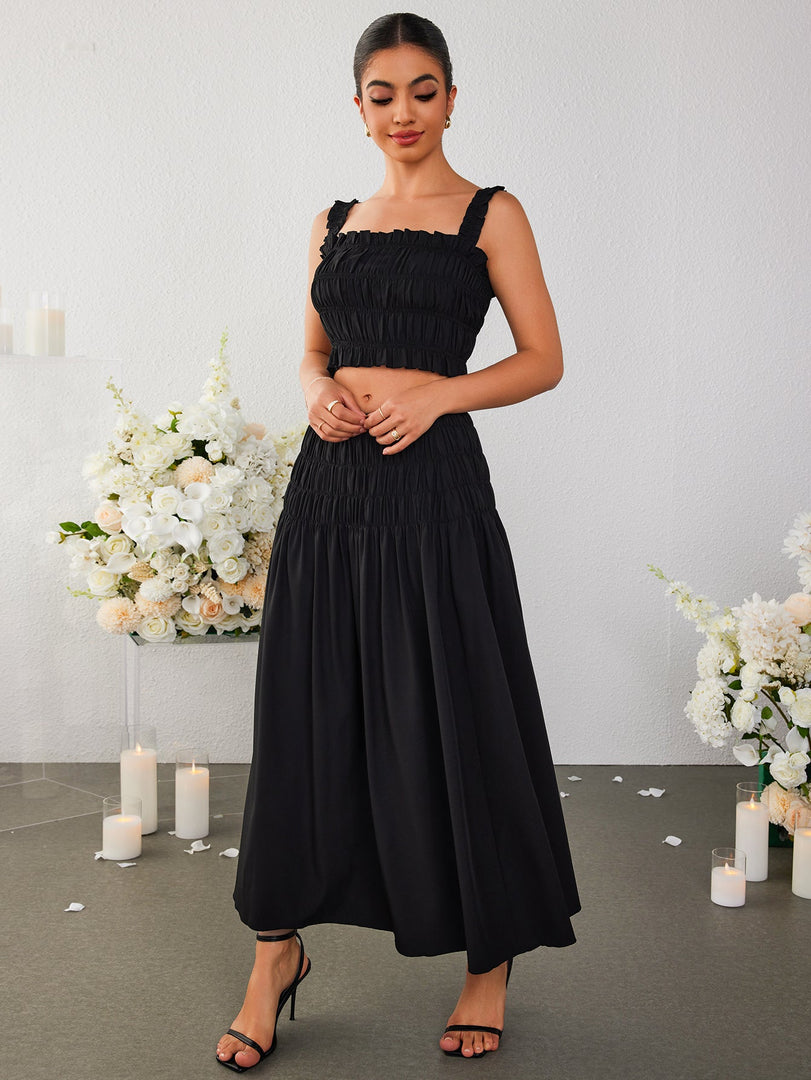 Ruched Backless Crop Top&Ruffle Flared Hem Skirt | Vacation Two-Piece Set