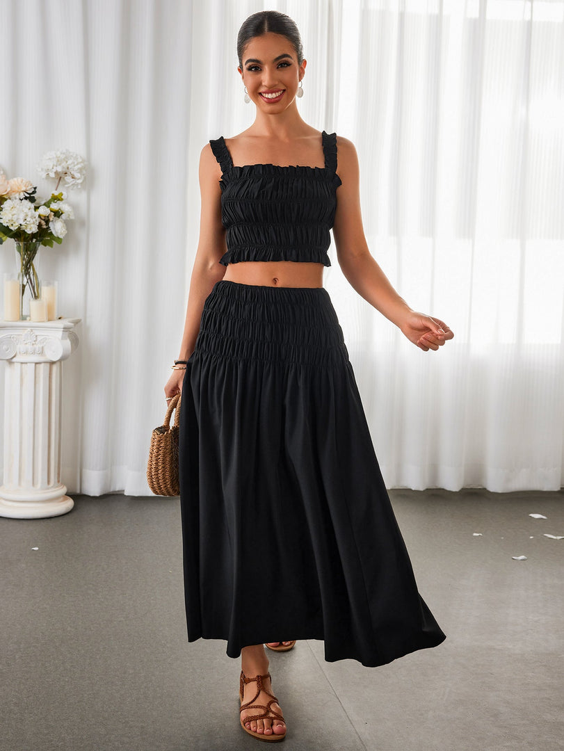 Ruched Backless Crop Top&Ruffle Flared Hem Skirt | Vacation Two-Piece Set