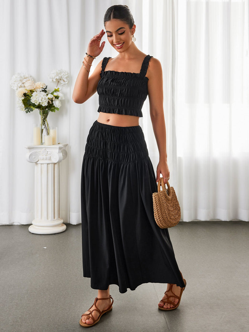 Ruched Backless Crop Top&Ruffle Flared Hem Skirt | Vacation Two-Piece Set