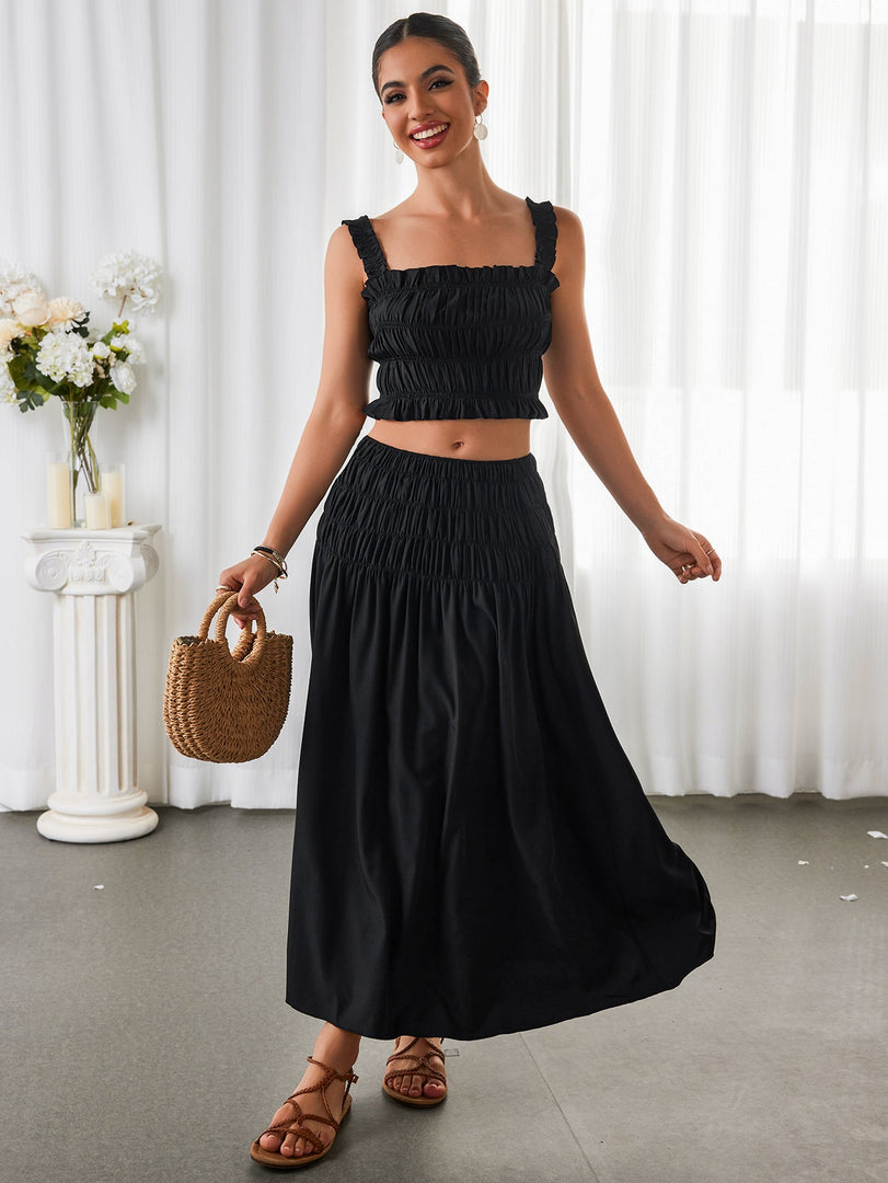 Ruched Backless Crop Top&Ruffle Flared Hem Skirt | Vacation Two-Piece Set