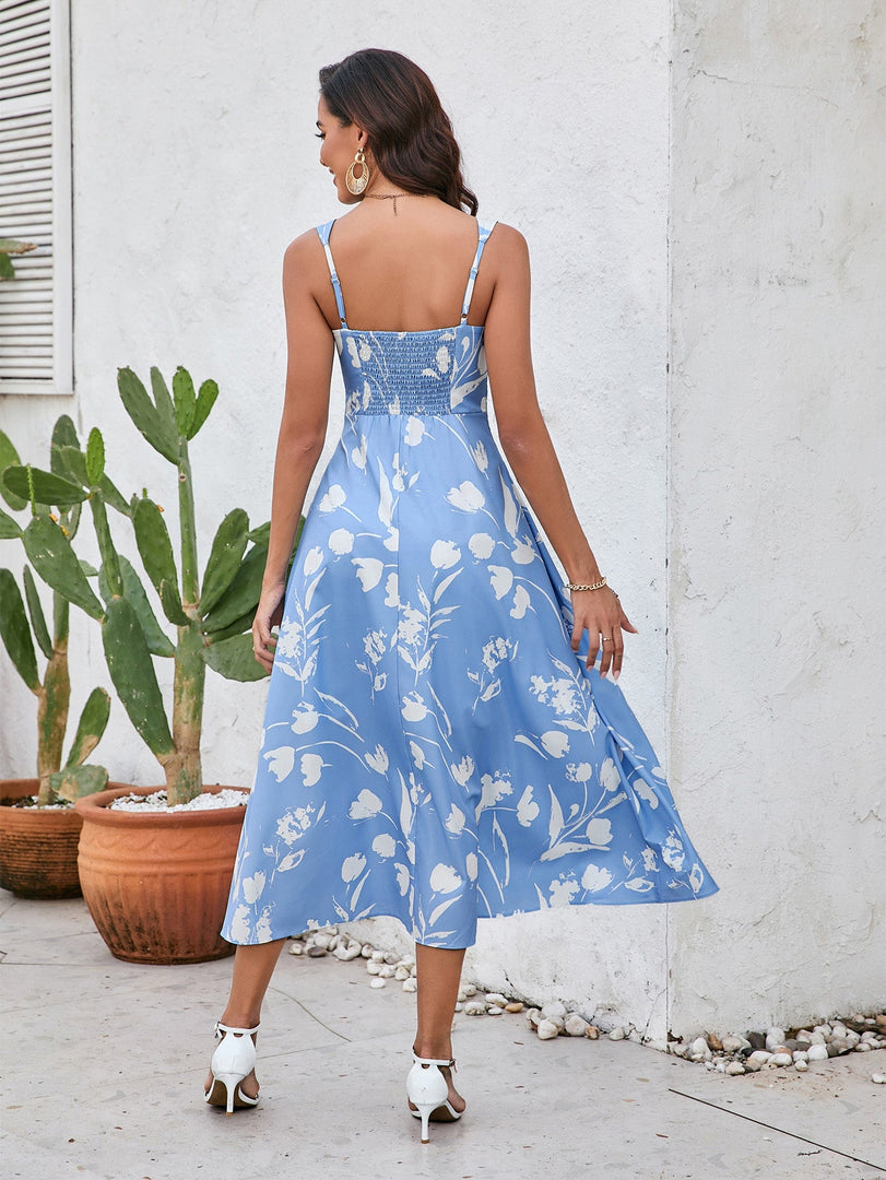 Ruched Backless Floral Print Midi Dress | Wedding Guest Dress, Vacation Dress