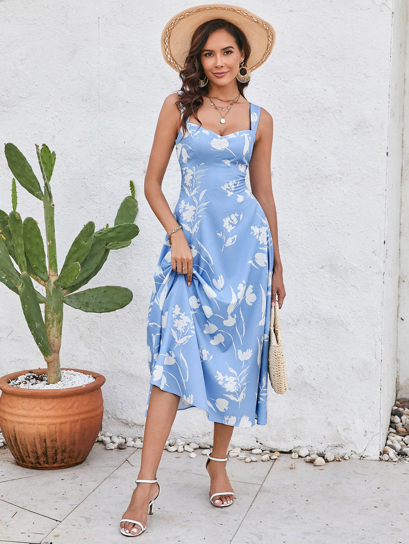 Ruched Backless Floral Print Midi Dress | Wedding Guest Dress, Vacation Dress