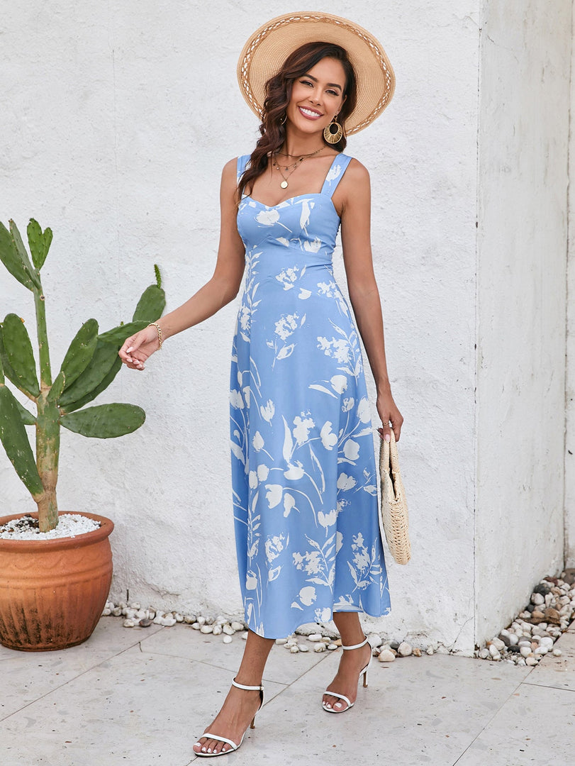 Ruched Backless Floral Print Midi Dress | Wedding Guest Dress, Vacation Dress