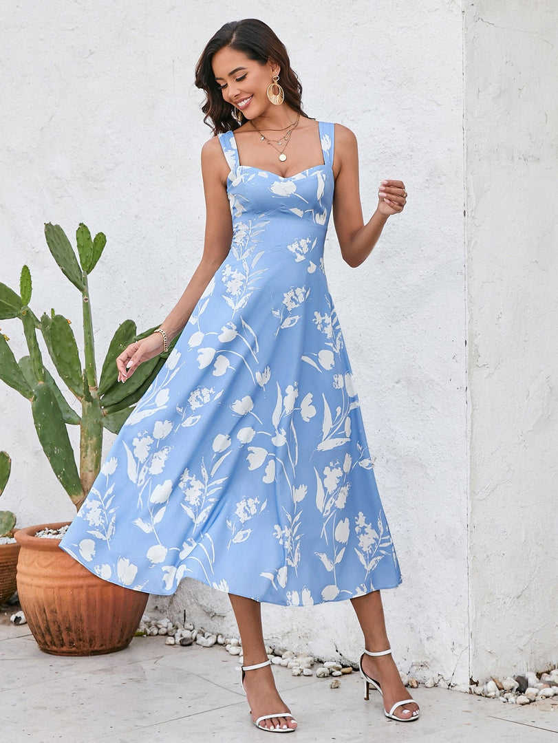 Ruched Backless Floral Print Midi Dress | Wedding Guest Dress, Vacation Dress