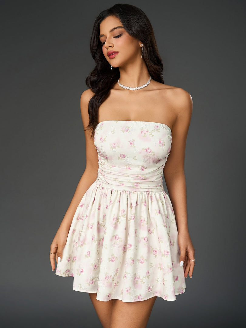 Ruched Bow Tie Back Floral Print Tube Dress | Wedding Guest Dress, Vacation Dress
