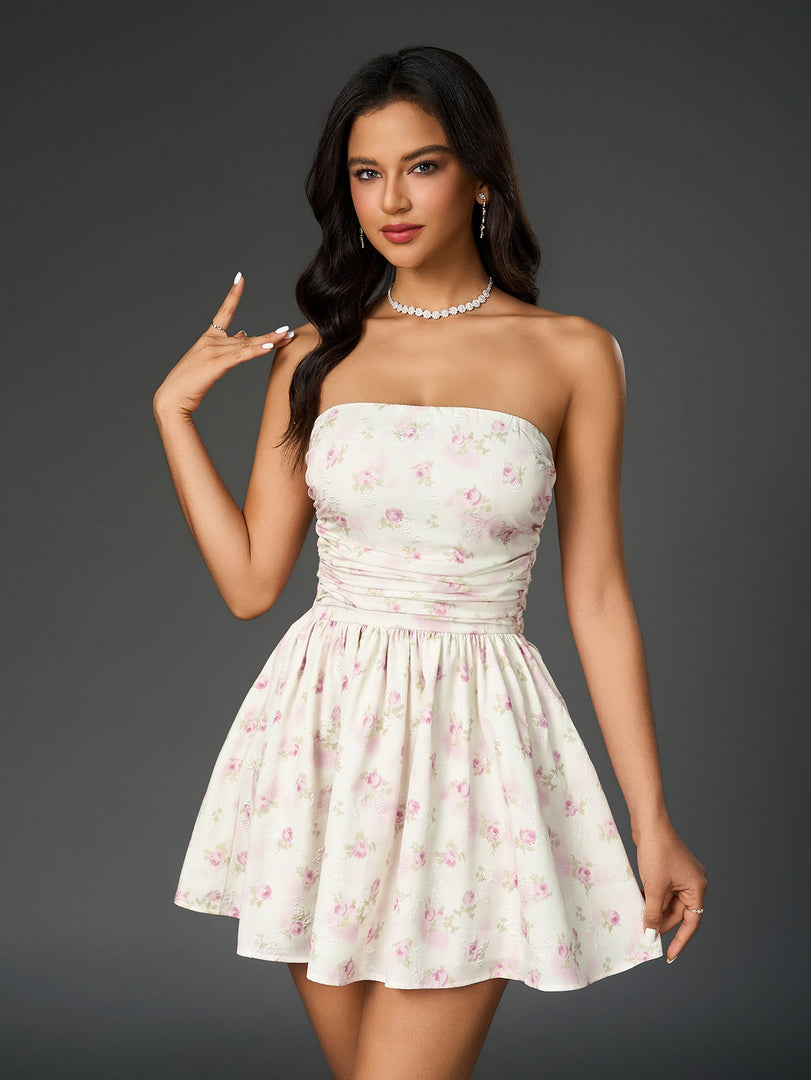 Ruched Bow Tie Back Floral Print Tube Dress | Wedding Guest Dress, Vacation Dress