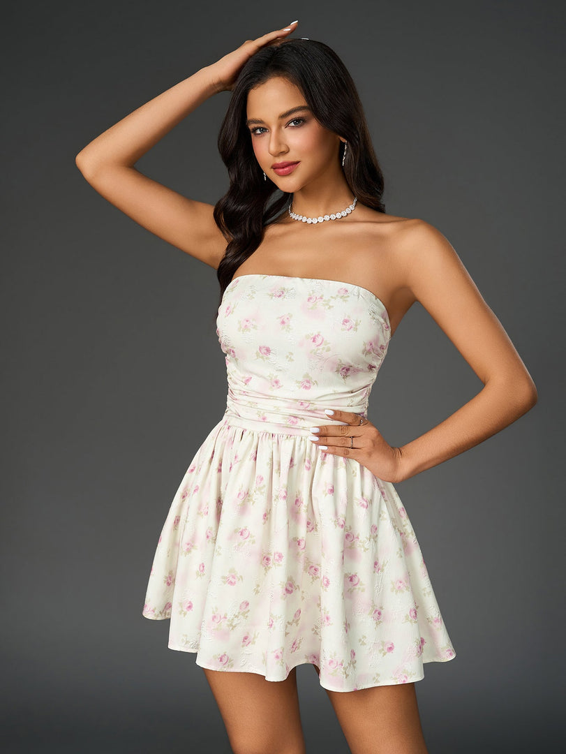 Ruched Bow Tie Back Floral Print Tube Dress | Wedding Guest Dress, Vacation Dress