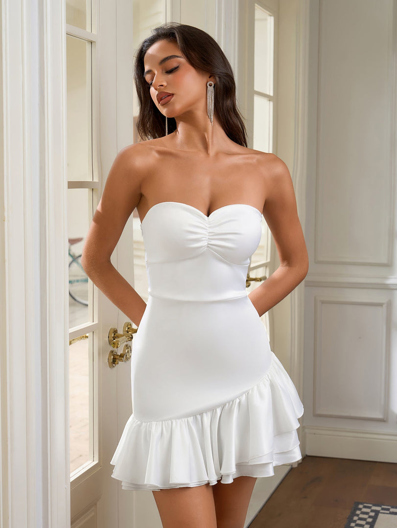 Ruched Bust Asymmetrical Hem Zipper Satin Tube Dress | Bridesmaid Dress, Formal Dress
