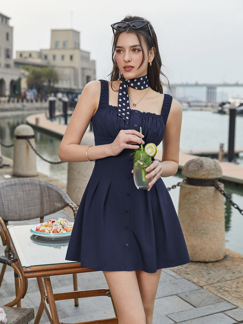 Ruched Bust Embellished Button Pleated Dress | Wedding Guest Dress