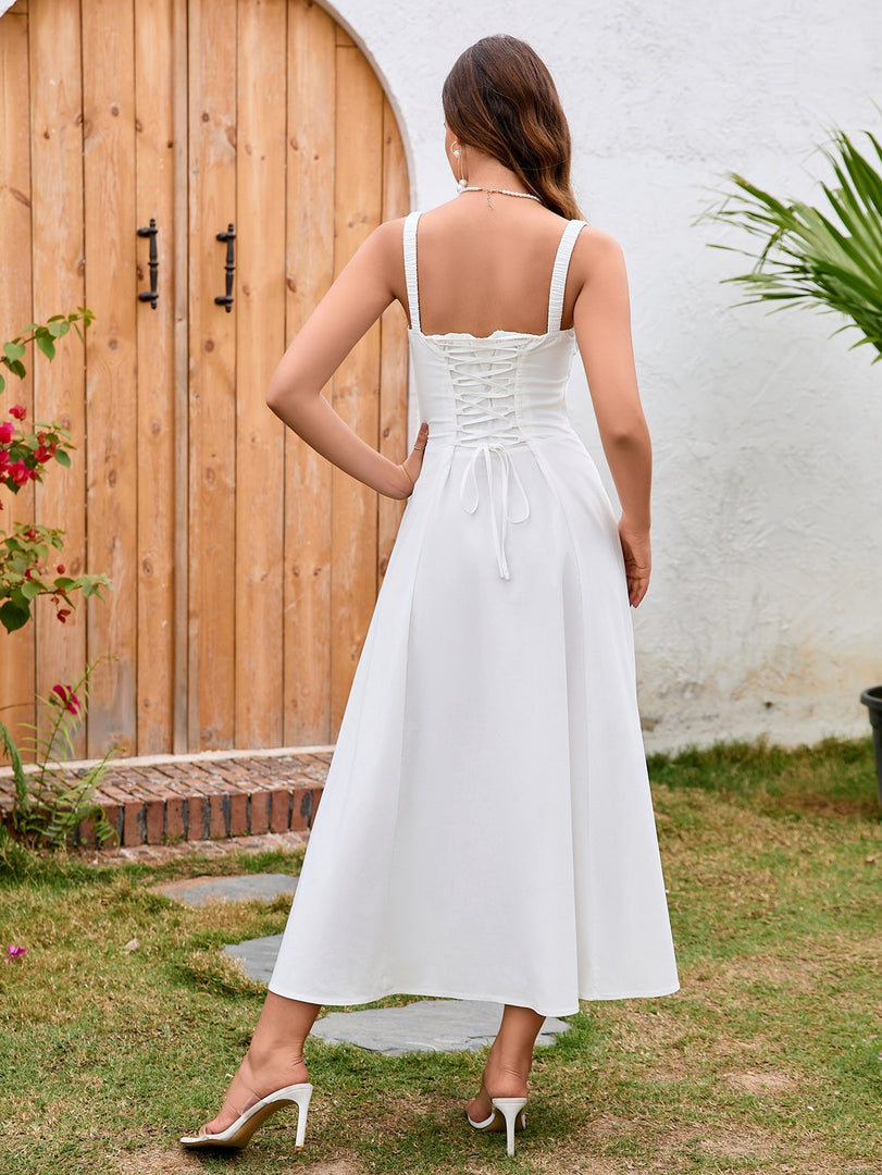 Ruched Bust Split Hem Crisscross Back Dress | Wedding Guest Dress
