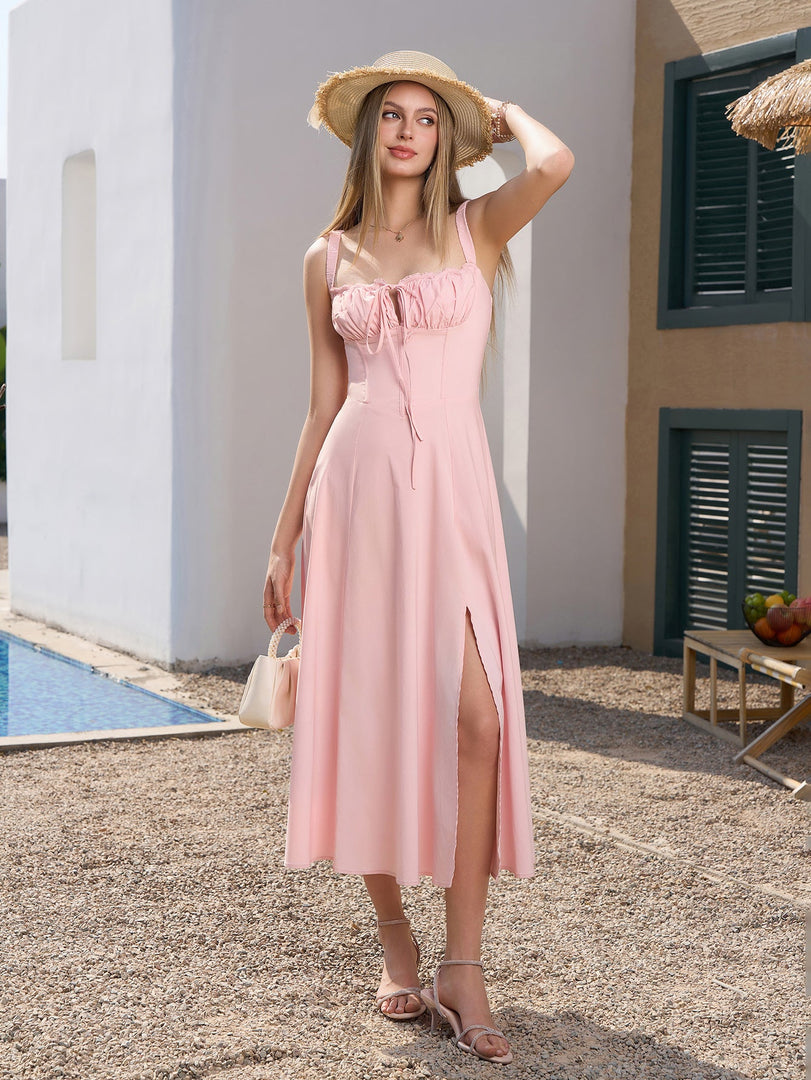 Ruched Bust Split Hem Crisscross Back Dress | Wedding Guest Dress