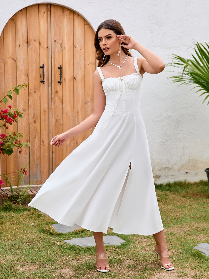 Ruched Bust Split Hem Crisscross Back Dress | Wedding Guest Dress