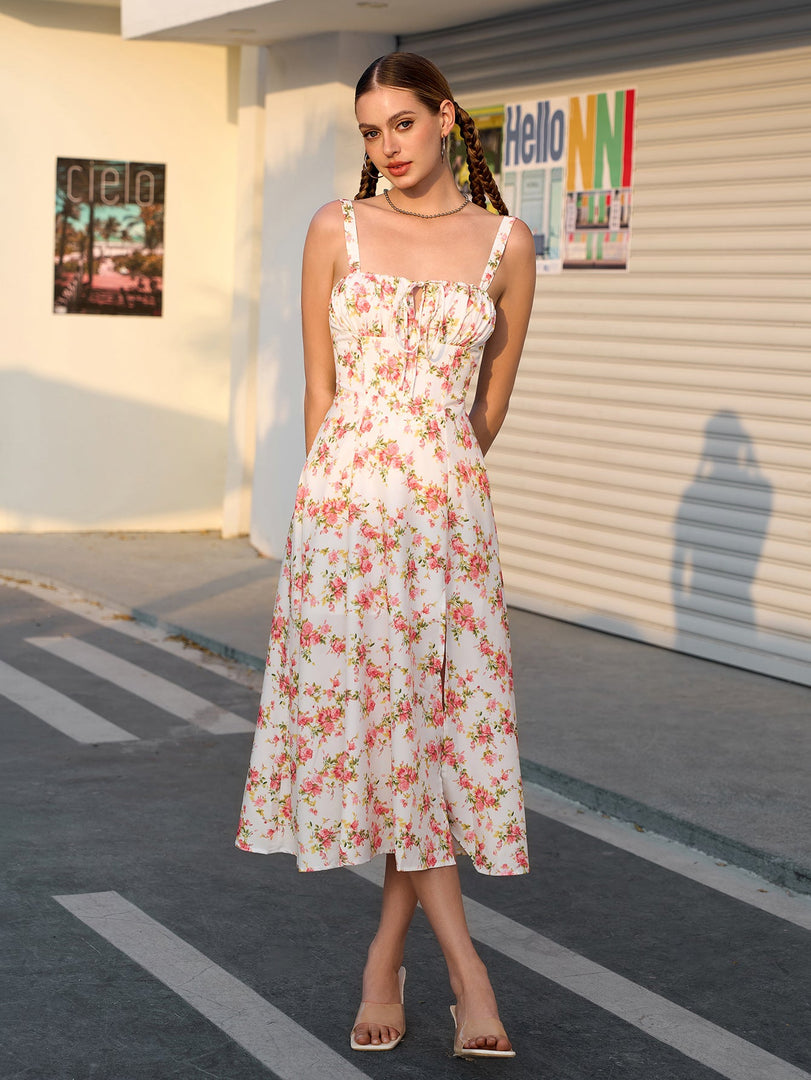 Ruched Bust Split Thigh Floral Cami Dress | Vacation Dress, Wedding Guest Dress
