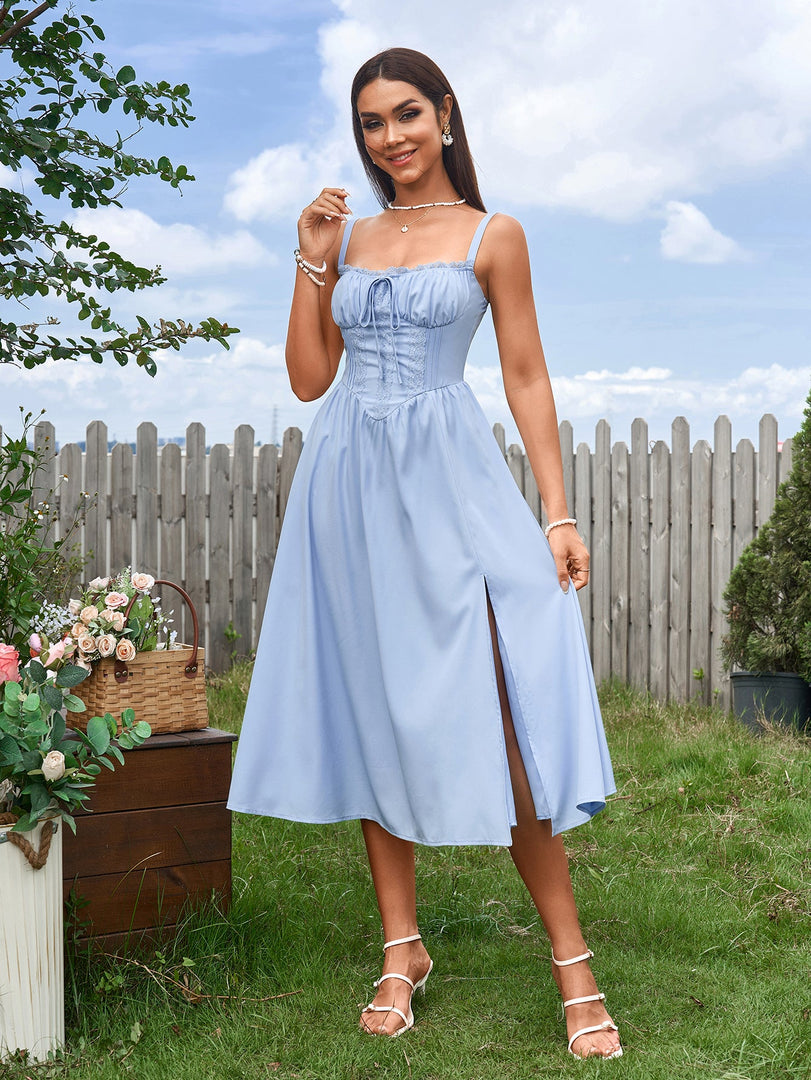Ruched Bust Tie Front Split Thigh Ruched Cami Dress | Vacation Dress