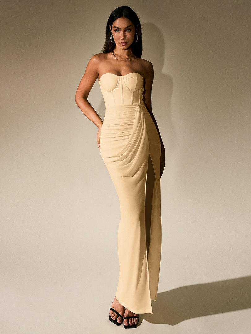 Ruched Corset Split Hem Mesh Tube Dress | Cocktail Dress