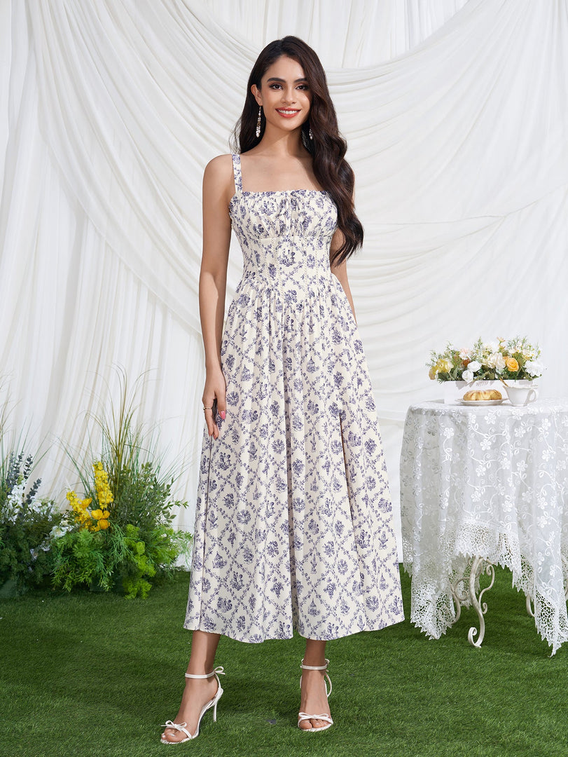 Ruched Crisscross Back Split Floral Print Dress | Wedding Guest Dress, Vacation Dress