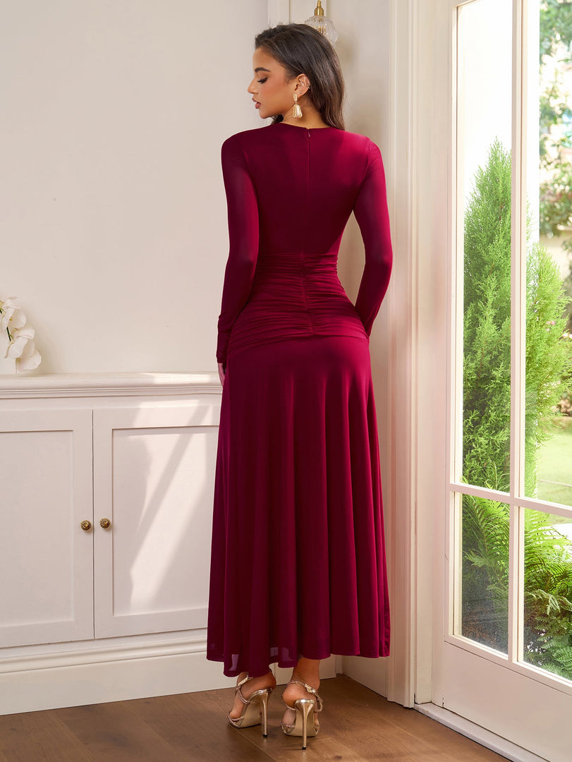 Ruched Crisscross Waist Split Thigh Mesh Dress | Prom Dress