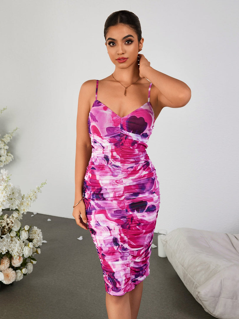 Ruched Floral Print Backless Bodycon Cami Dress | Vacation Dress, Wedding Guest Dress