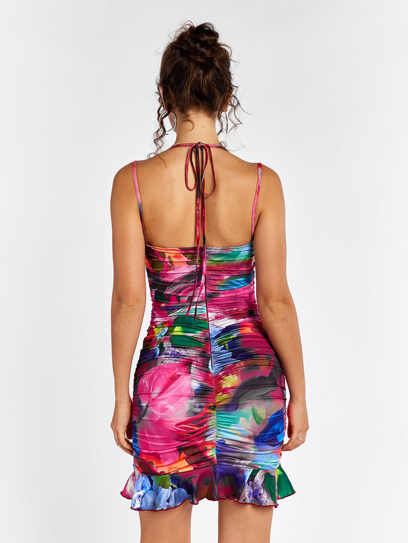 Ruched Halter Cut Out Floral Mini Dress | Wedding Guest Dress, Vacation Dress