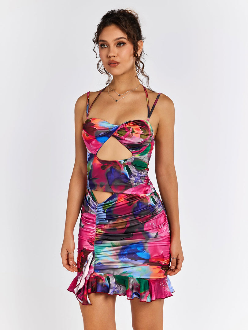 Ruched Halter Cut Out Floral Mini Dress | Wedding Guest Dress, Vacation Dress