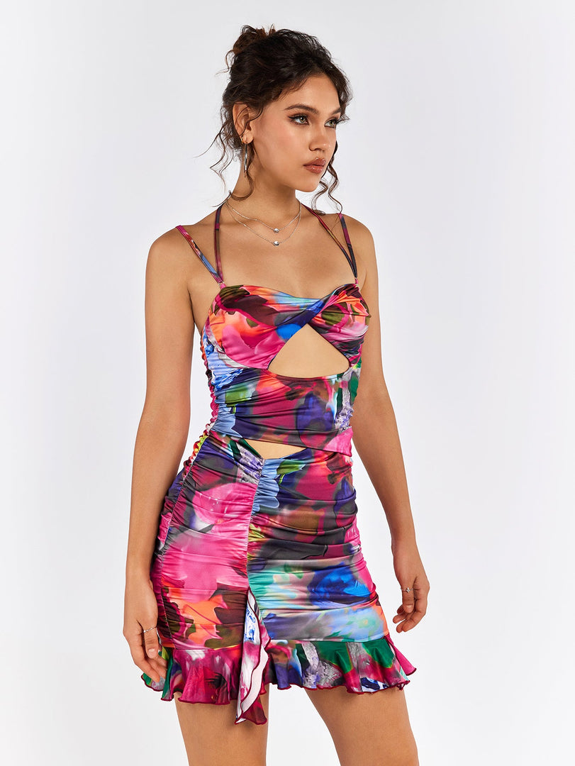 Ruched Halter Cut Out Floral Mini Dress | Wedding Guest Dress, Vacation Dress