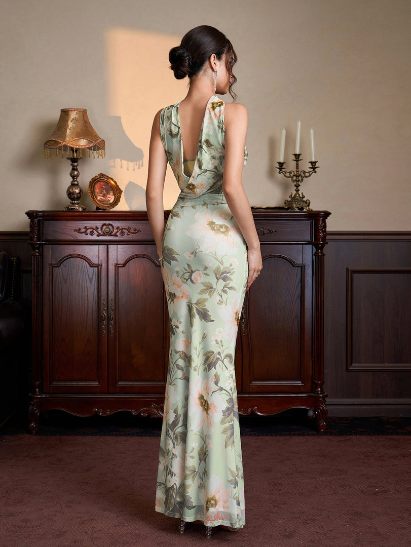 Ruched Mermaid Hem Floral Print Bodycon Mesh Dress | Vacation Dress