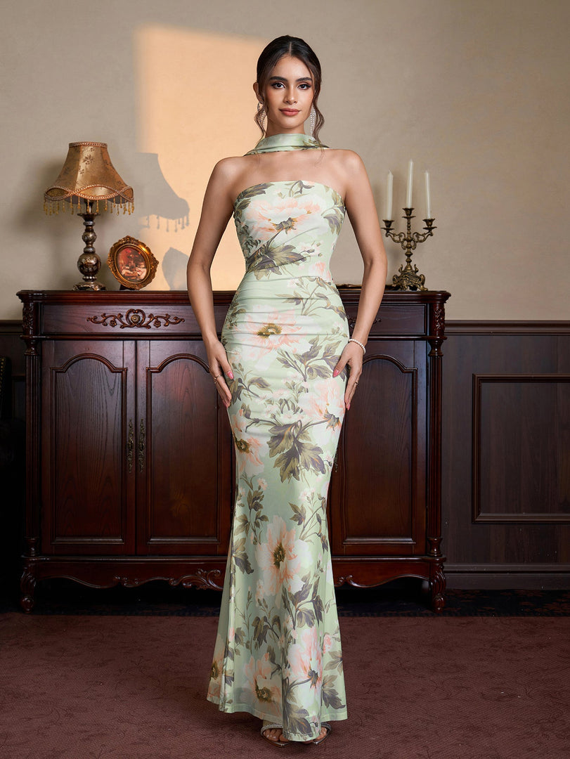 Ruched Mermaid Hem Floral Print Bodycon Mesh Dress | Vacation Dress
