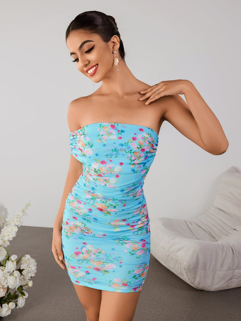 Ruched Off Shoulder Floral Print Mesh Tube Dress | Vacation Dress, Wedding Guest Dress