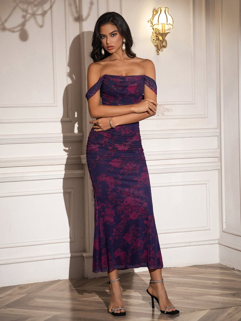 Ruched Off Shoulder Zipper Back Floral Bodycon Dress | Wedding Guest Dress, Vacation Dress