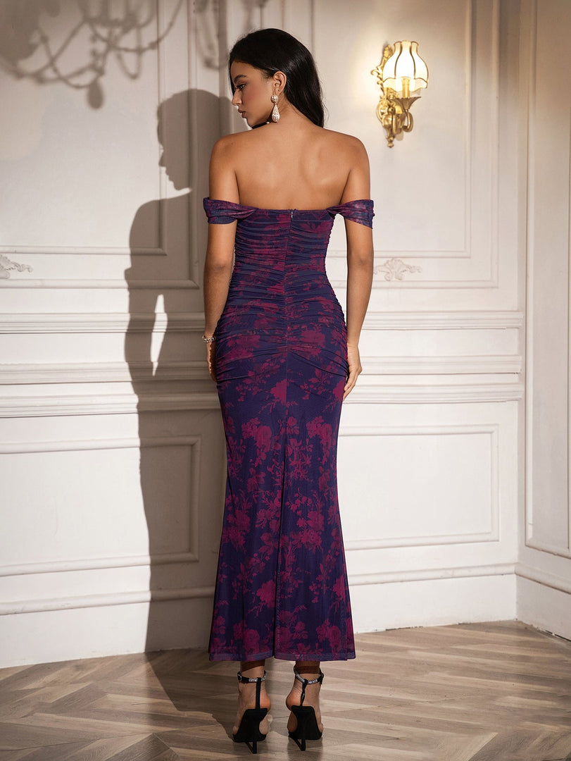 Ruched Off Shoulder Zipper Back Floral Bodycon Dress | Wedding Guest Dress, Vacation Dress