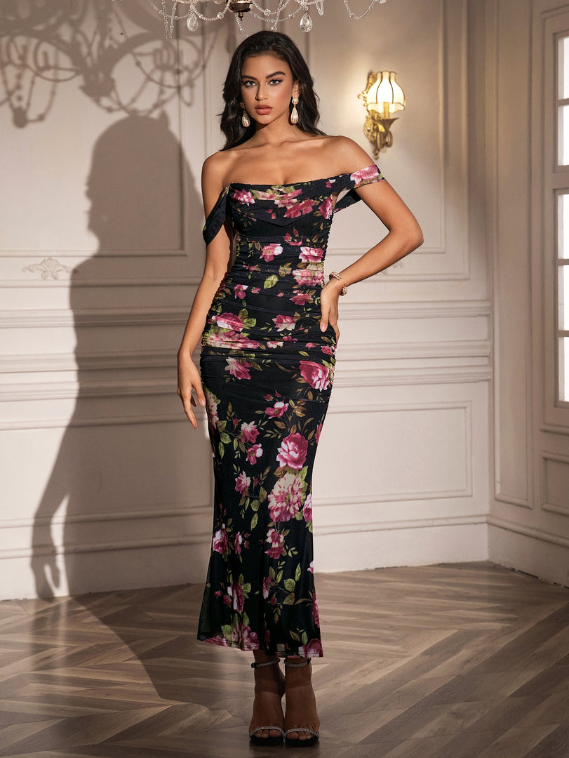 Ruched Off Shoulder Zipper Back Floral Bodycon Dress | Wedding Guest Dress, Vacation Dress