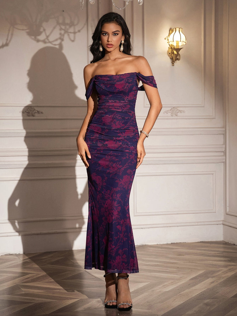 Ruched Off Shoulder Zipper Back Floral Bodycon Dress | Wedding Guest Dress, Vacation Dress