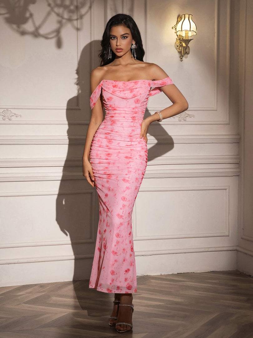 Ruched Off Shoulder Zipper Back Floral Bodycon Dress | Wedding Guest Dress, Vacation Dress