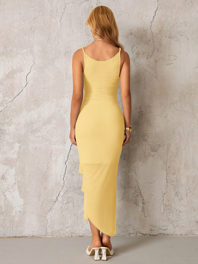 Ruched Ribbon Trim Asymmetrical Hem Mesh Dress | Prom Dress