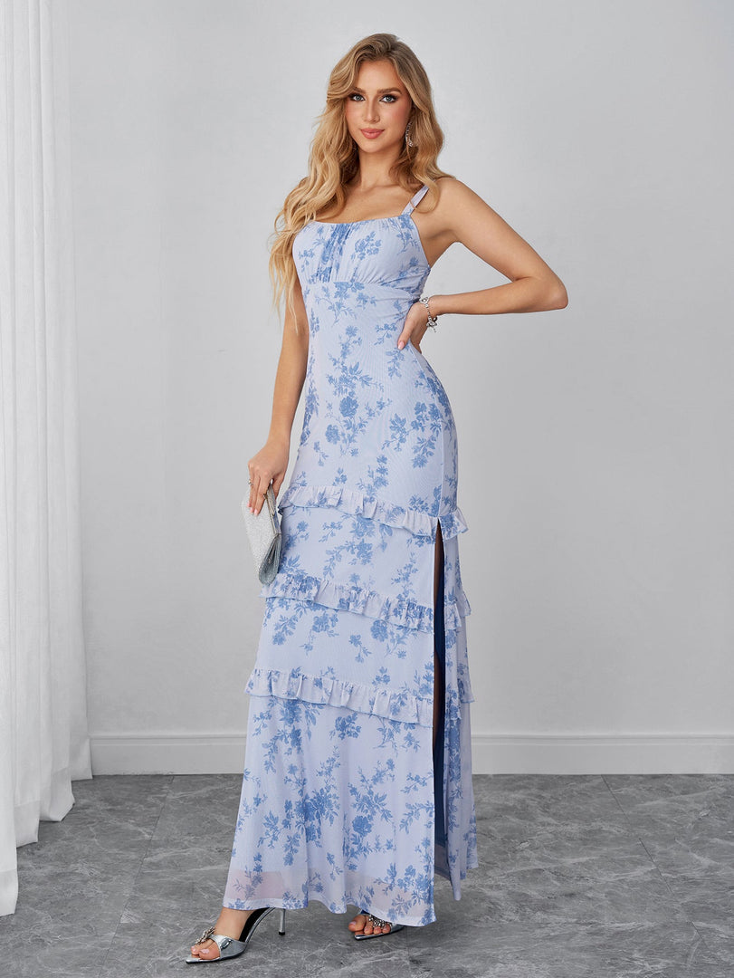 Ruched Ruffle Trim Split Floral Print Mesh Dress | Wedding Guest Dress, Vacation Dress