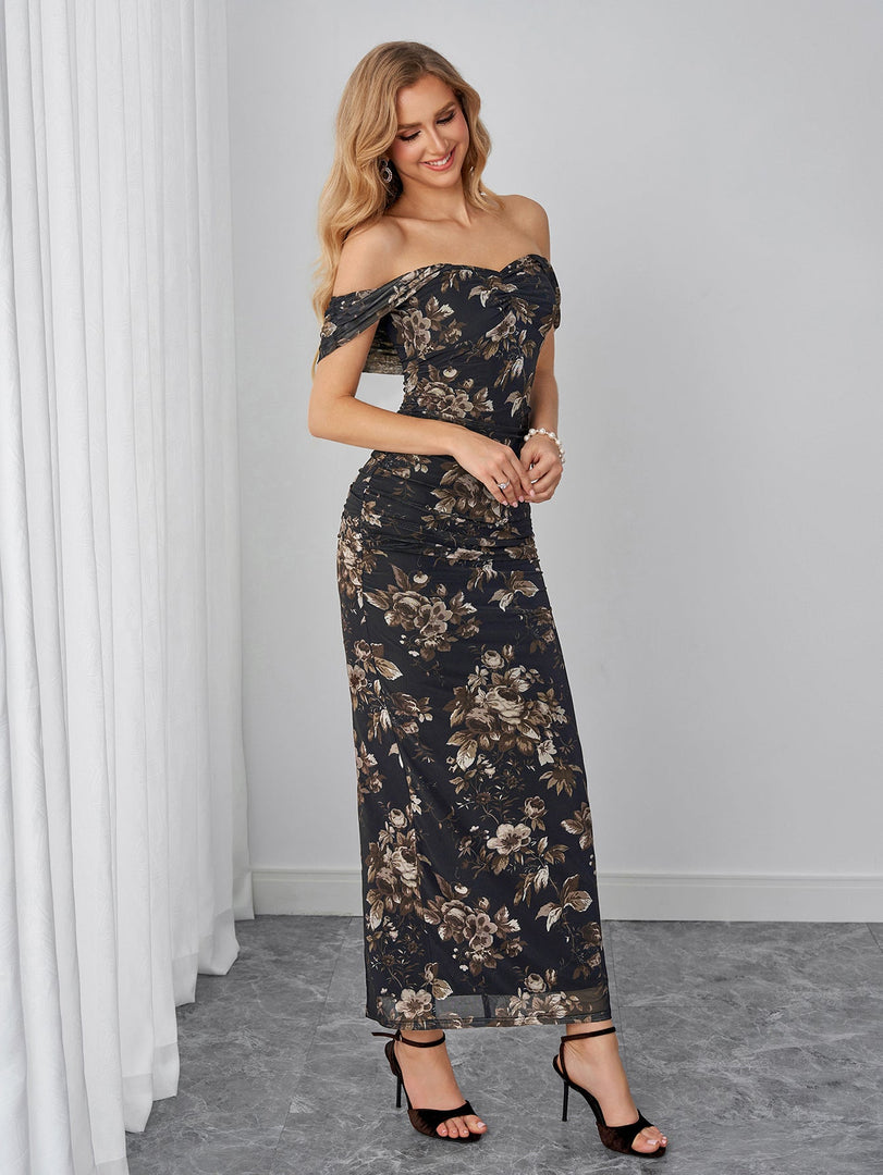 Ruched Split Back Bodycon Floral Print Mesh Dress | Wedding Guest Dress