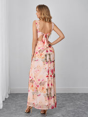 Ruched Tie Back Split Floral Print Mesh Dress | Vacation Dress, Wedding Guest Dress