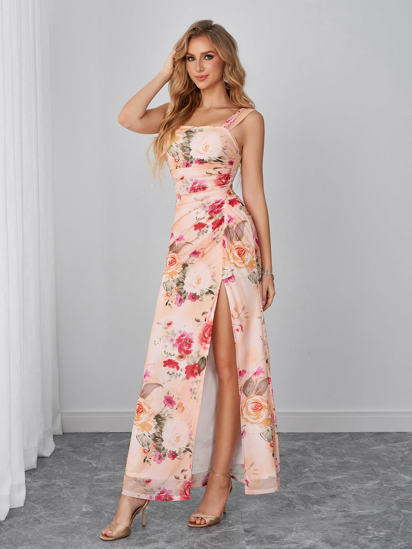 Ruched Tie Back Split Floral Print Mesh Dress | Vacation Dress, Wedding Guest Dress