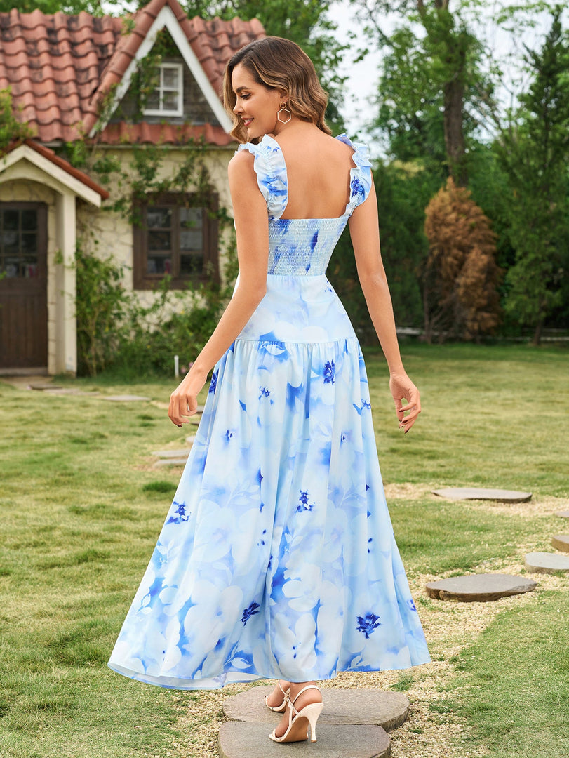 Ruffle Straps Square Neck Backless Floral Print Dress | Wedding Guest Dress, Vacation Dress