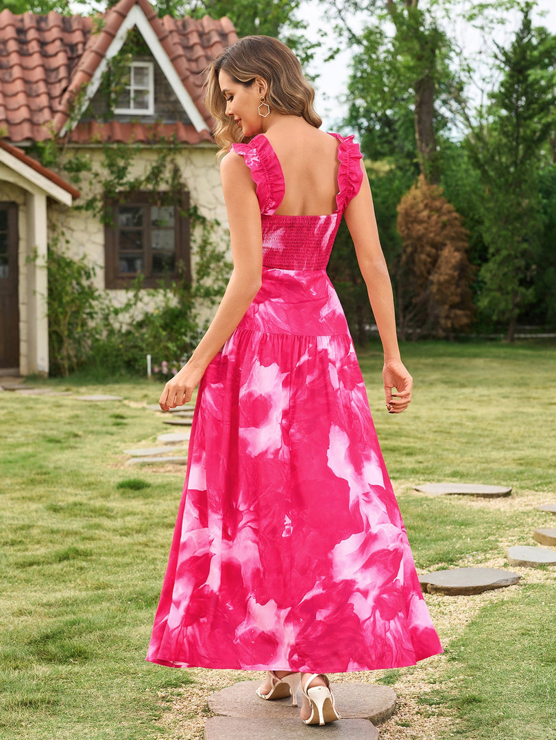 Ruffle Straps Square Neck Backless Floral Print Dress | Wedding Guest Dress, Vacation Dress