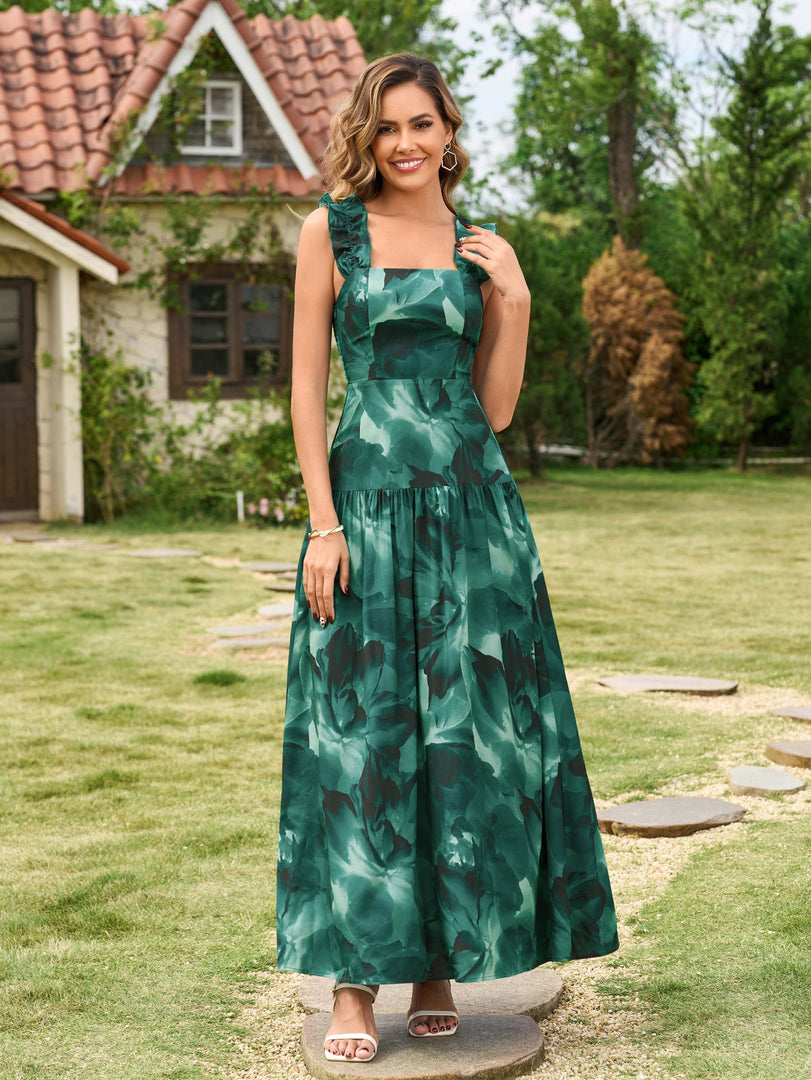Ruffle Straps Square Neck Backless Floral Print Dress | Wedding Guest Dress, Vacation Dress