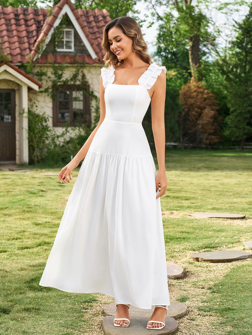 Ruffle Straps Square Neck Backless Maxi Dress | Prom Dress