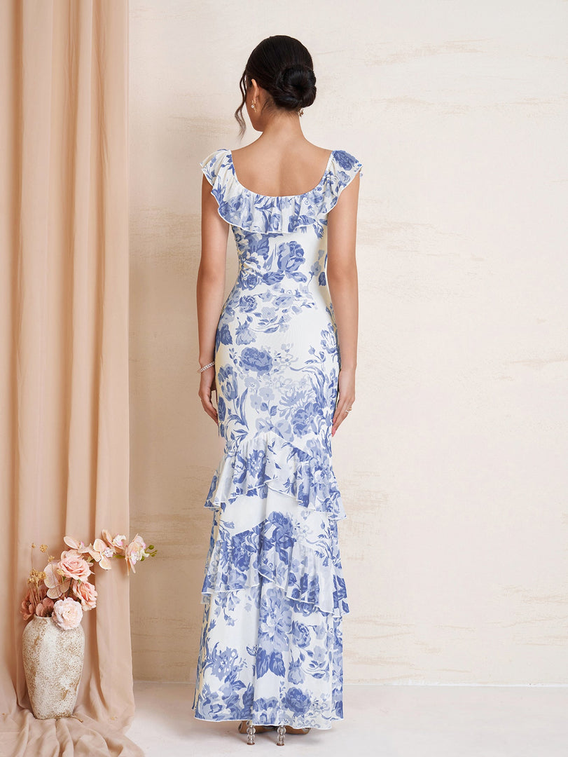 Ruffle Trim Floral Print Bodycon Mesh Dress | Cocktail Dress