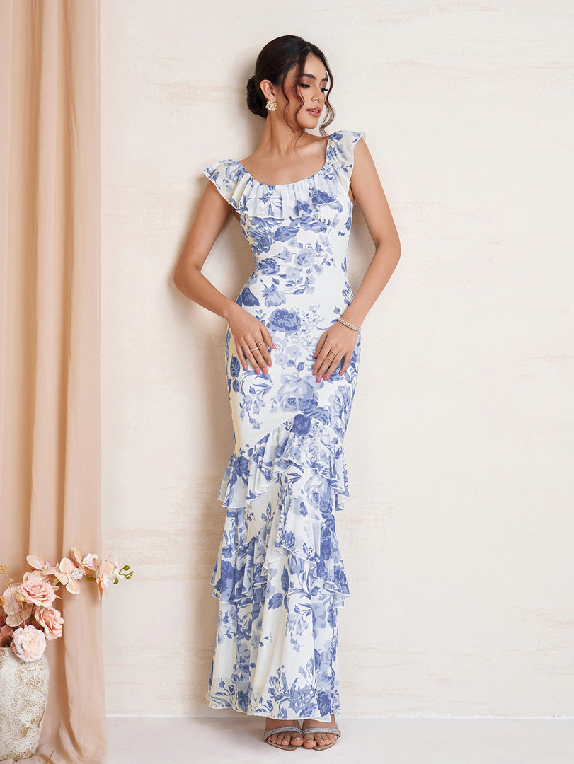 Ruffle Trim Floral Print Bodycon Mesh Dress | Cocktail Dress