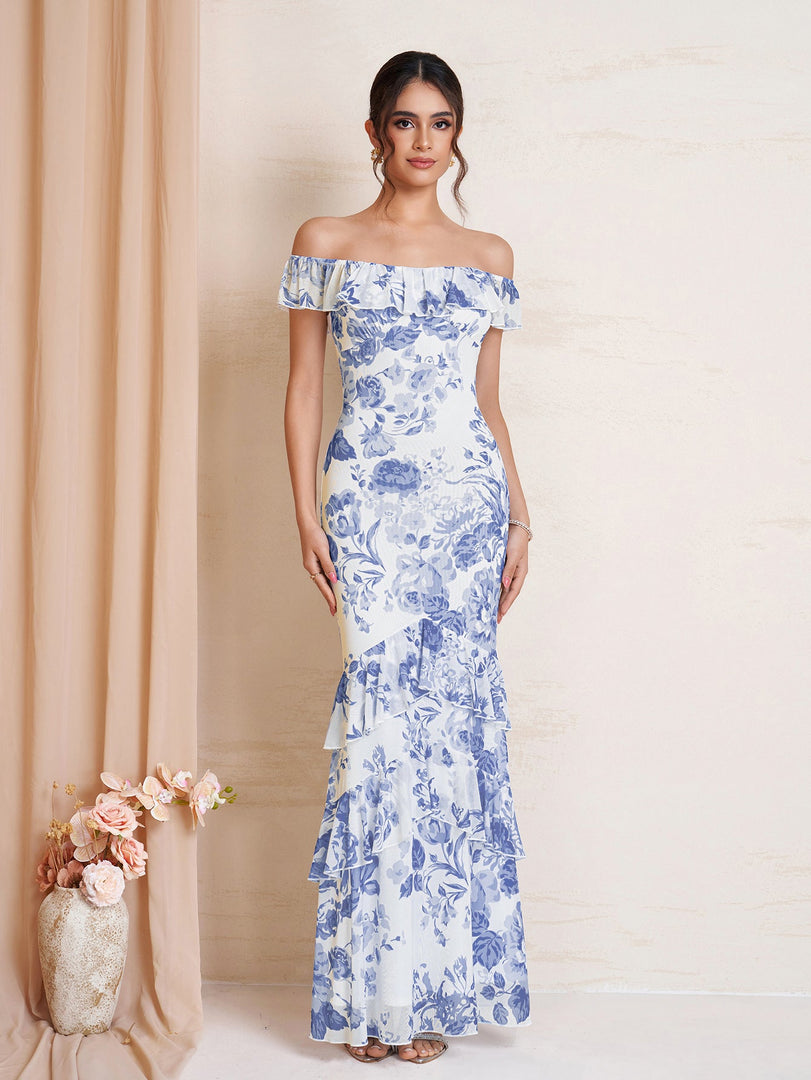 Ruffle Trim Floral Print Bodycon Mesh Dress | Cocktail Dress