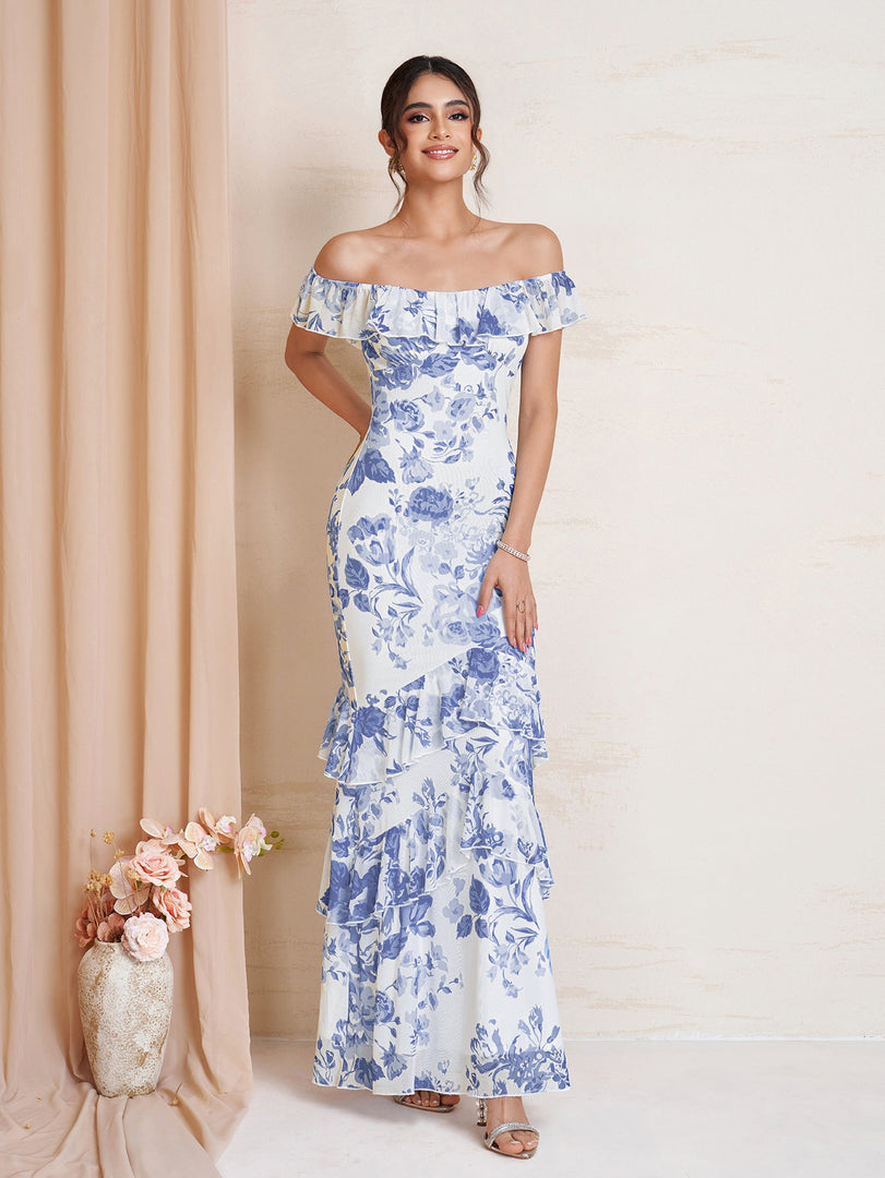 Ruffle Trim Floral Print Bodycon Mesh Dress | Cocktail Dress