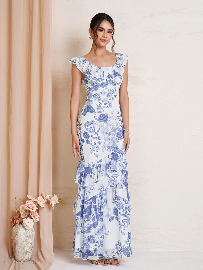 Ruffle Trim Floral Print Bodycon Mesh Dress | Cocktail Dress